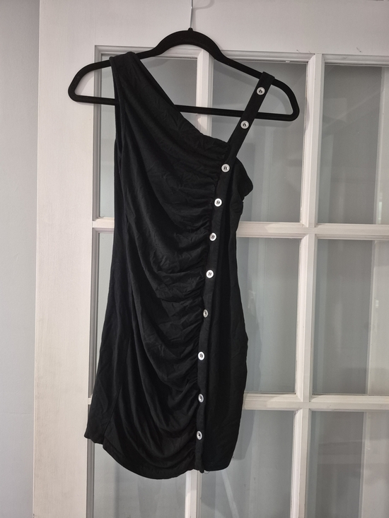 SHEIN Dresses & Skirts - Shein One-Shoulder Black Ruched Button-Trim Dress Size S/M